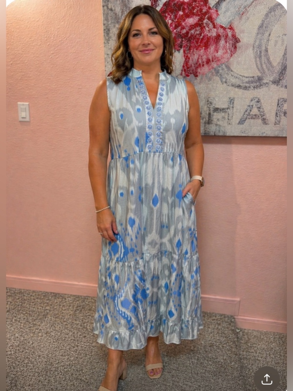 Sheridan French Sleeveless Blue and Gray Printed Midi Dress with Beaded Neck